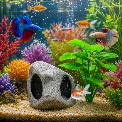 Fish Tank Decor, Aquarium Decor Set Betta Fish Tank Decorations with Artificial Green Plants & Hideaway Rock Cave for Betta Goldfish Turtle Reptile Decoration