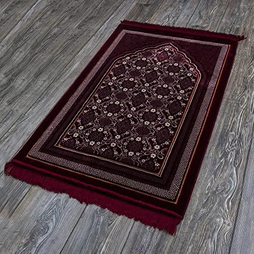 Modefa Turkish Islamic Prayer Rug - Soft Velvet Janamaz Praying Carpet - Comfortable Muslim Praying Mat for Men & Women - Ramadan or Eid Gift - Classic Elegant Swirl (Floral Red)