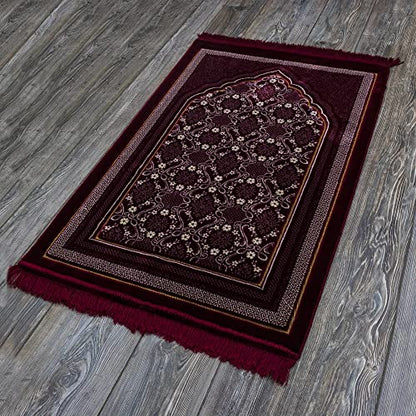 Modefa Turkish Islamic Prayer Rug - Soft Velvet Janamaz Praying Carpet - Comfortable Muslim Praying Mat for Men & Women - Ramadan or Eid Gift - Classic Elegant Swirl (Floral Red)