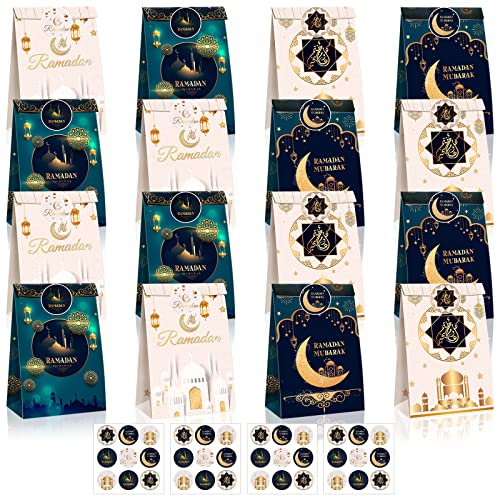 Tinlade 24 Pcs Eid Mubarak Party Favor Bags with Stickers 4 Styles Goodie Candy Paper Ramadan Treat Bags Party Favor Muslim Ramadan Gift for Eid Supplies Decoration