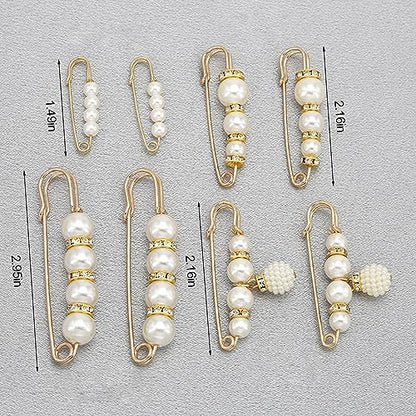 8 Pcs Pearl Brooch Pins,Safety Pins for Clothing Dress pants skirt Cardigan Collar，Faux Pearl Rhinestones Brooches for Women Girls Pants Extender Safety Pins - size: set-A
