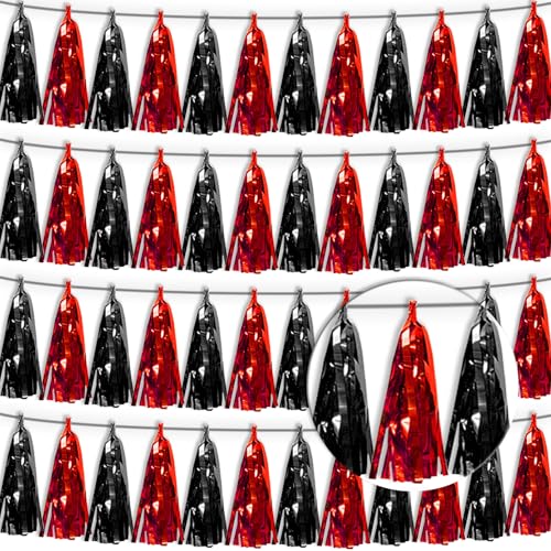 4P Black red Tassel Banner Garland Metallic Foil Fringe Banner Tinsel Tassels Streamer Banner Backdrop for Parade Floats, 2025 Graduation Decorations, Father's Day Party Decoration - color: Black Red