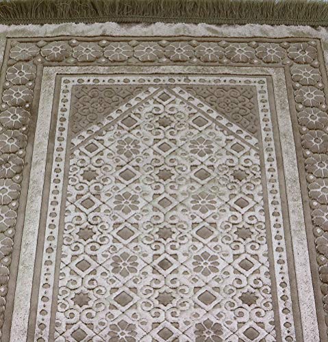 Modefa Velvet Prayer Rug with Prayer Beads Turkish Janamaz Sajadah Floral Stamp Luxury Plush (Mink) - color: Mink