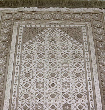 Modefa Velvet Prayer Rug with Prayer Beads Turkish Janamaz Sajadah Floral Stamp Luxury Plush (Mink) - color: Mink