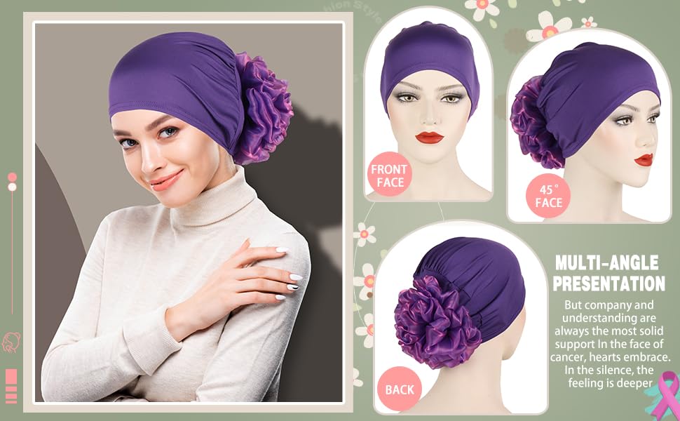 Women Flower Elastic Turban Beanie Head Scarf wrap Chemo Cap hat for Cancer Patient - color: Grey 1