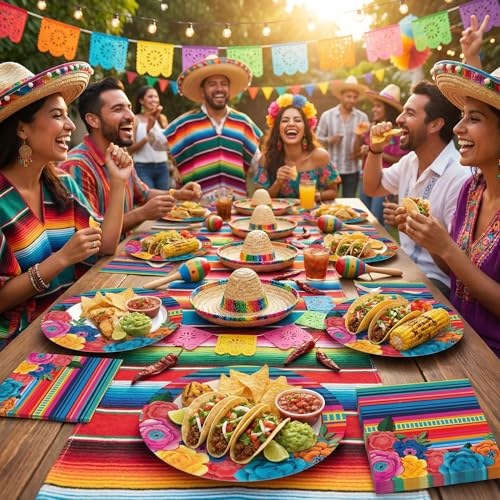 Dereinwo 50 Pcs Fiesta Large 12" x 10" Oval Paper Plates and Napkins Disposable Heavy Duty Paper Plates and Napkins for Cinco De Mayo Party Supplies - style: Cinco De Mayo
