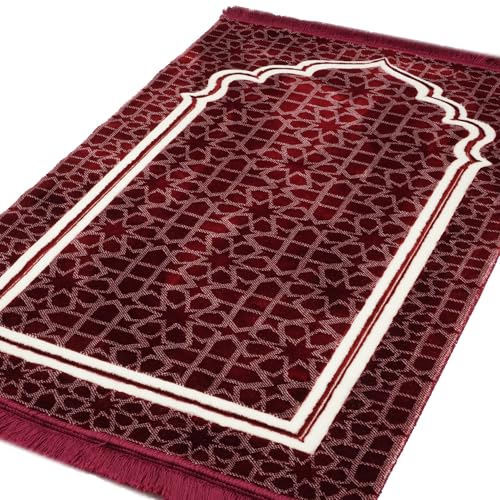 Modefa Muslim Prayer Rug - Large Plush Velvet - Andalus (Red) | For Islamic prayers, salah. For men or women; thick plush soft praying mat - color: Red