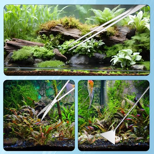 7 Pcs Aquarium Aquascape Tools Kit, Stainless Steel Aquatic Plant Aquascaping Set with Straight/Curved Long Tweezers Scissors Spatula Algae Scraper & 2 Replacement Heads Fish Tank Cleaning Kit