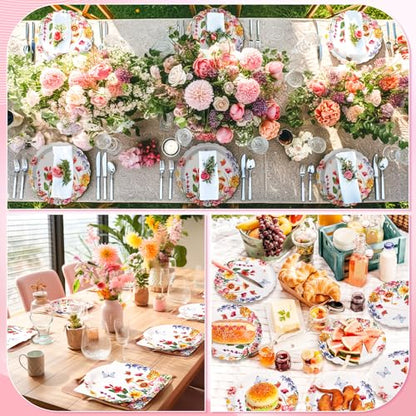 Funnymoom 96 Pcs Wildflower Tableware Set for 48 Guests Include 48 7 Inch Dessert Plates and 48 Napkins Watercolor Disposable Dinnerware for Birthday Holiday Tea Party Supplies - style: Wildflower