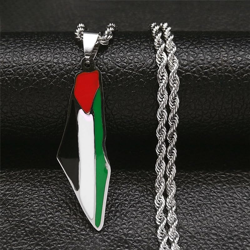 Palestine Map Pendant Necklace, Stainless Steel Chain, Multicolor，Peace Pendant - color: Silvery