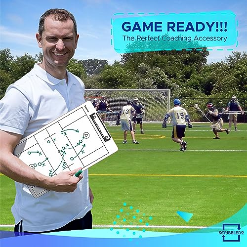SCRIBBLEDO Lacrosse Dry Erase White Board for Coaches 15x9 Double Sided Coaching Clipboard with Field Diagram Lineup Sheet and Score Tracker for Games and Practice