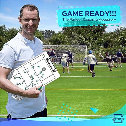SCRIBBLEDO Lacrosse Dry Erase White Board for Coaches 15x9 Double Sided Coaching Clipboard with Field Diagram Lineup Sheet and Score Tracker for Games and Practice