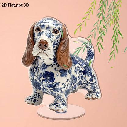 YLUYINOM 2D Flat Acrylic Display Plaque, Detailed Basset Hound Figurine with Blue Floral Patterns Featuring Realistic Facial Features and Glossy Finish. Rotatable, with Base - color: Picture 18