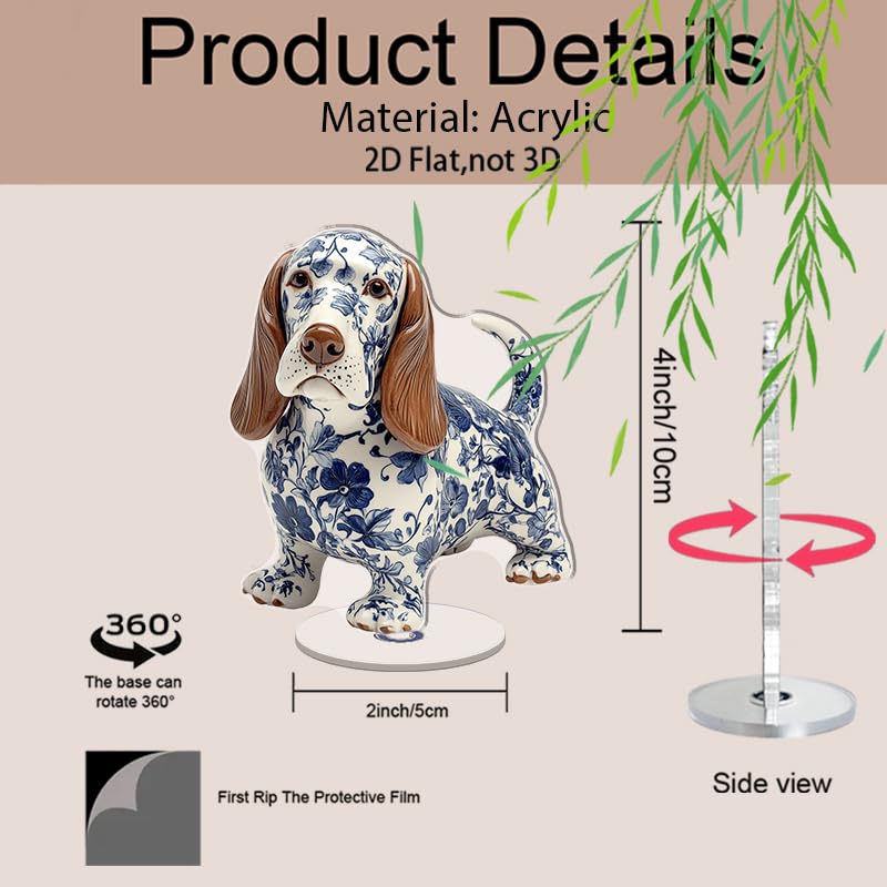 YLUYINOM 2D Flat Acrylic Display Plaque, Detailed Basset Hound Figurine with Blue Floral Patterns Featuring Realistic Facial Features and Glossy Finish. Rotatable, with Base - color: Picture 18