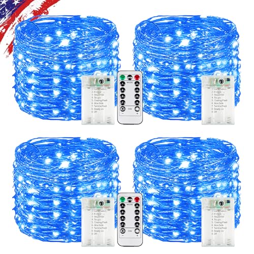 4 Pack Blue Fairy Lights Battery Operated with Remote, Waterproof 20FT 60LED Cuttable Twinkle Lights with Timer Indoor Outdoor, String Light for Bedroom, Classroom, Wedding, DIY, Christmas Décor - color: Blue, size: 4PK 240LED With Remote