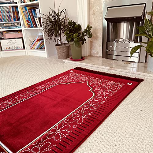 Mihrab Patterned Original Luxury Velvet Prayer Mat/Rug- 750g Weight | Made in Turkey (Burgundy) - color: Burgundy