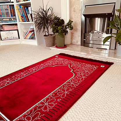 Mihrab Patterned Original Luxury Velvet Prayer Mat/Rug- 750g Weight | Made in Turkey (Burgundy) - color: Burgundy