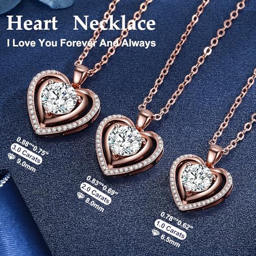 Heart Pendant Gold Necklace for Women Moissanite Lab-Created Gem I Love You Wedding Anniversary Birthday Christmas Valentine Engagements Mothers Day Jewelry for Wife Her Girlfriend Mom Daughter - color: 1CT-Rose Gold