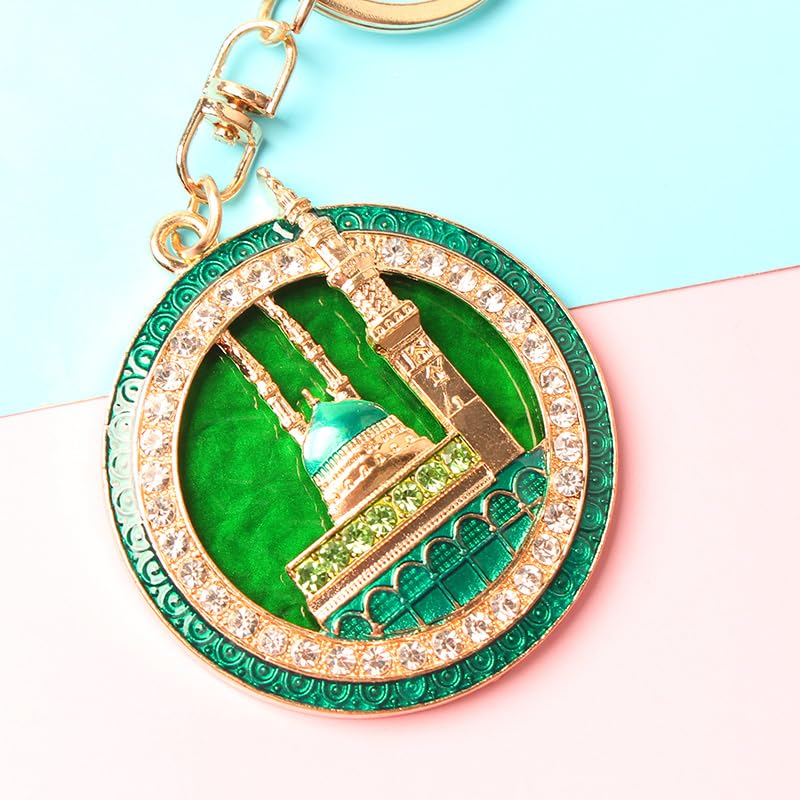 2PCS Islamic Mosque Keychain with Artificial Rhinestones - Metal Bag Charm & Car Hanging Accessory