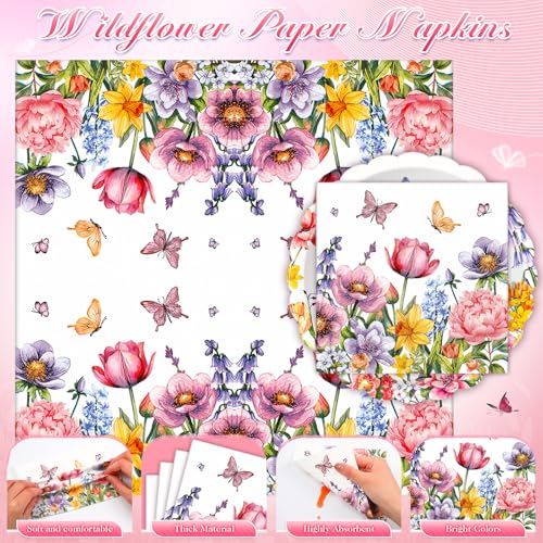 Funnymoom 96 Pcs Wildflower Tableware Set for 48 Guests Include 48 7 Inch Dessert Plates and 48 Napkins Watercolor Disposable Dinnerware for Birthday Holiday Tea Party Supplies - style: Wildflower