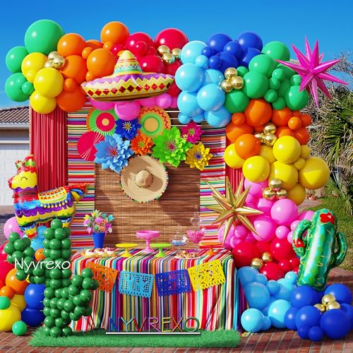 Mexican Fiesta Party Decorations, Cinco De Mayo Rainbow Balloon Arch Kit - color: Blue, Green, Yellow, Orange, Red, Hot Pink