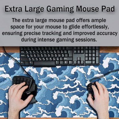 Large Desk Pads Blue and White Desktop Pad, Pc Mouse Pad Keyboard Mat, Desk Pad Gaming Waterproof Non-Slip Rubber Base, 35.4 X 15.7 inch for Work/Game/Office/Home Japanese Abstract Waves - color: Japanese Abstract Blue And White Wave