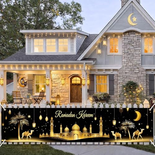 BlissYard Ramadan Decorations Banner Eid Mubarak Kareem Islamic Decor Long Mosque Moon Star Home Party Backdrop Reusable Polyester Wall Hanging 78x17 Inch Muslim Holiday Display