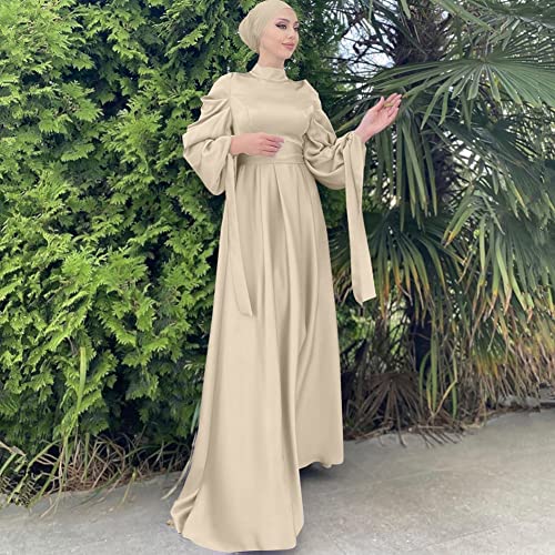 OBEEII Muslim Dress for Women Loose Full Cover Long Abaya Satin Dress Kaftan Abayas Islamic Robe S-XXL - color: Beige+hijab, size: Small