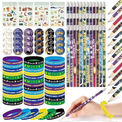 116 Pcs Eid Ramadan Mubarak Gifts Ramadan Stationery Include 36 Ramadan Pencils 36 Wristbands 36 Badges 8 Stickers for Eid Mubarak Party Favor Decor Supplies Ramadan Gift