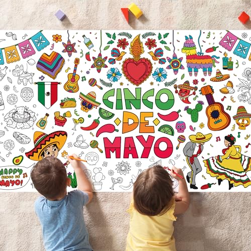 OHOME Cinco De Mayo Giant Coloring Poster/Tablecloth - 30 x 72 Inches Jumbo Coloring Banner Kids Crafts Games Accessories Gifts Decor - Fiesta Mexican Party Decorations - style: Cinco De Mayo