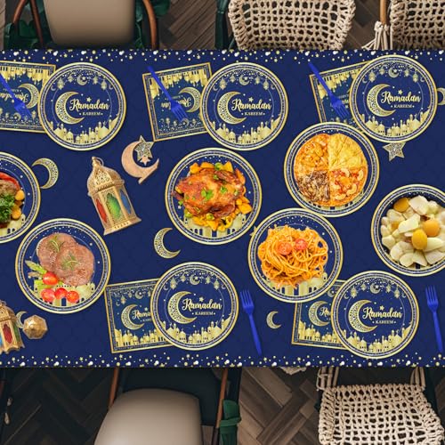 96 Pcs Ramadan Plates and Napkins Forks Sets - Blue Gold Eid Mubarak Themed Round Tableware, Disposable KAREEM Paper Plates Napkins Kit for Ramadan Party Supplies Favors Table Decorations, Serves 24 - style: Ramadan