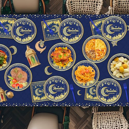 96 Pcs Ramadan Plates and Napkins Forks Sets - Blue Gold Eid Mubarak Themed Round Tableware, Disposable KAREEM Paper Plates Napkins Kit for Ramadan Party Supplies Favors Table Decorations, Serves 24 - style: Ramadan