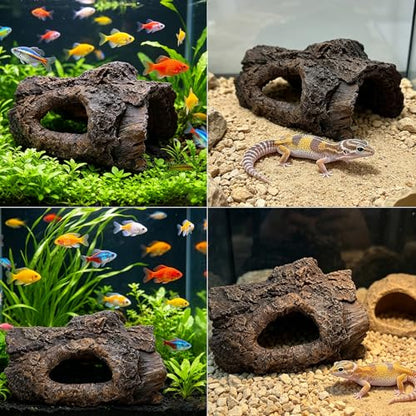 Tfwadmx Aquarium Decoration Cave Resin Hollow Tree Trunk Log Terrarium Ornament Fish Tank Hideout for Betta Cichlid Shrimp Small Reptile Gecko