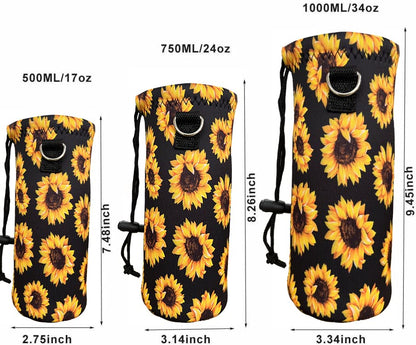 Neoprene Water Bottle Carrier Bag with Adjustable Shoulder Strap,Insulated Water Bottle Cover for Stainless Steel/Glass/Plastic Bottles - color: Sunflowers, size: 500ml