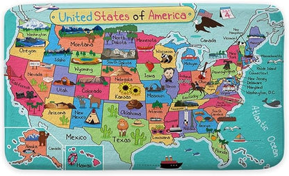 NYMB Kids Map of The United States Bathroom Rug Bath Mat,Cartoon Fun Facts Geography USA Map Kitchen Shower Mat, Cute Fun Map Bedroom Door Mat,Turquoise Red, 19X31IN - size: 1'5" x 2'7"