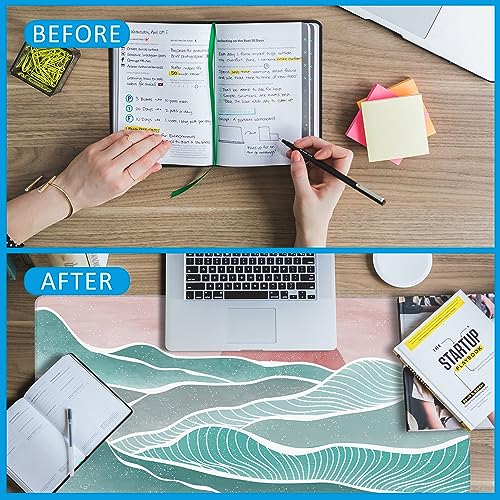 Ocean Wave and Mountain Large Gaming Mouse Pad,Waterproof Desk Mat for Desktop,Non-Slip Rubber Base Mousepad with Stitched Edges for Laptop Office and Home 35.4X15.7 Inch - color: Ocean Wave and Mountain