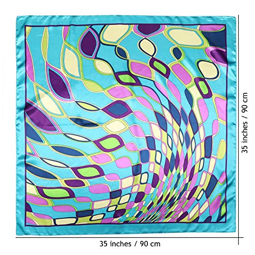 AWAYTR 35” Large Satin Square Head Scarf - 2Pcs Silk Like Floral Head Scarves Square Satin Hair Scarf Bandanas for Women - color: Elliptical Grid(rose+blue)