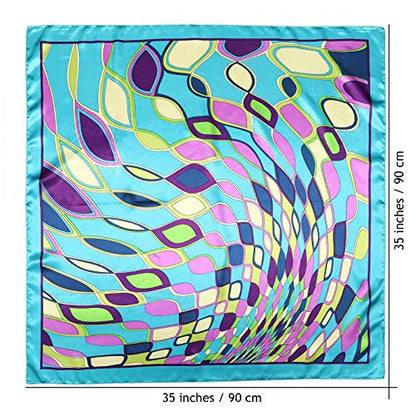 AWAYTR 35” Large Satin Square Head Scarf - 2Pcs Silk Like Floral Head Scarves Square Satin Hair Scarf Bandanas for Women - color: Elliptical Grid(rose+blue)