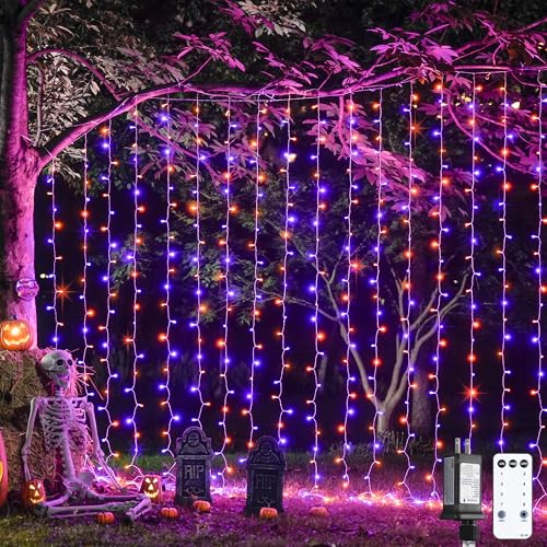 JMEXSUSS 300LED Halloween Curtain Lights, Orange and Purple, 9.8x9.8ft - color: Orange and Purple, size: 300 LED