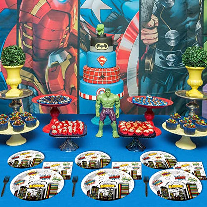 96 PCS Super Theme Hero Party Plates Napkins Hero Themed Party Tableware Hero Action Sign Disposable Paper Plates Napkins Happy Birthday Party Decorations Supplies Favors for 24 Guests - style: Hero