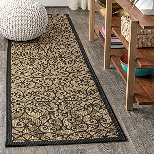 JONATHAN Y Vintage Filigree Indoor Outdoor Runner Rug 2X20 Black/Khaki, Madrid Textured Weave for Backyard, Patio, Porch, Easy-Cleaning, High Traffic, Pet-Friendly, Non-Shedding (SMB107A-220) - color: Black/Khaki, size: 2'2" x 20' (Runner)