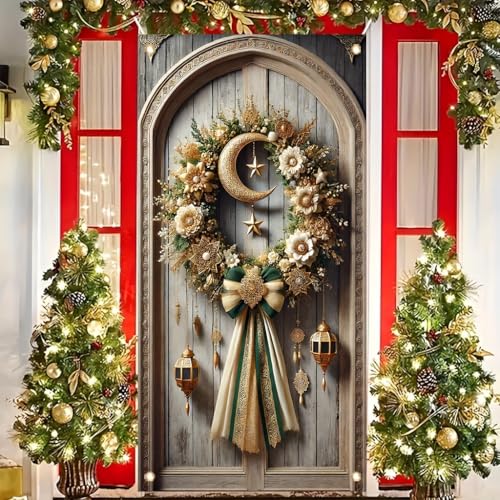 Ramadan Door Cover Crescent Moon Star Lantern 71x35 Inch Outdoor Eid Mubaraklslamic Festival Decoration for Front Door Holiday Party Home Decor - color: Crescent Moon Golden Lantern