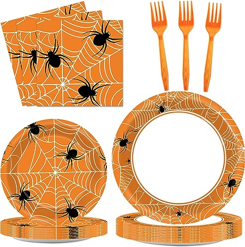 100 Pcs Spiderweb Party Plates and Napkins - Black and White Halloween Tableware Set for 25 Guests - style: Halloween Spider Web