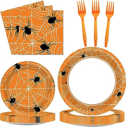 100 Pcs Spiderweb Party Plates and Napkins - Black and White Halloween Tableware Set for 25 Guests - style: Halloween Spider Web