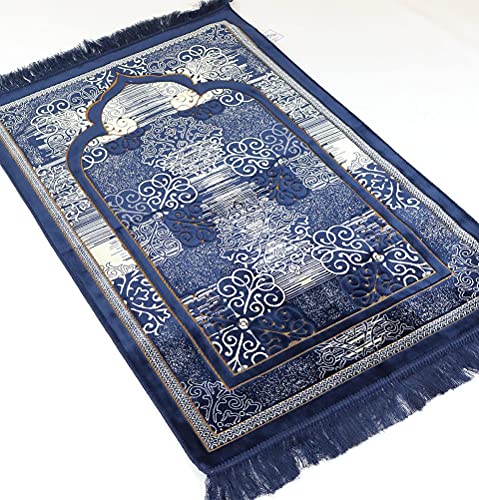 Modefa Prayer Mat | Turkish Velvet Muslim Prayer Rug Muslim Prayer Mat Islam | Soft Beautiful Prayer Rug Janamaz Sajjadah with Car Hanger | Classic Elegant Swirl (Navy Blue) - color: Navy Blue