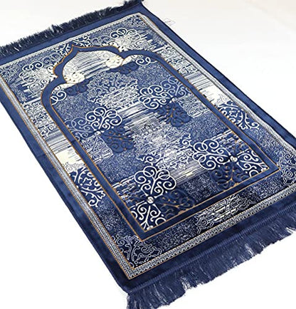 Modefa Prayer Mat | Turkish Velvet Muslim Prayer Rug Muslim Prayer Mat Islam | Soft Beautiful Prayer Rug Janamaz Sajjadah with Car Hanger | Classic Elegant Swirl (Navy Blue) - color: Navy Blue