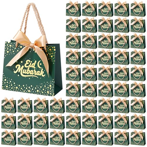 Glenmal 60 Pcs 5.51x2.36x4.72'' Ramadan Gift Bags Ramadan Mubarak Green Paper Party Bags Eid Mubarak Treat Goodie Bag with Handle and Ribbon for Ramadans Kareem Eid Mubarak's Party Supplies - color: Green, size: 1 count (Pack of 60)