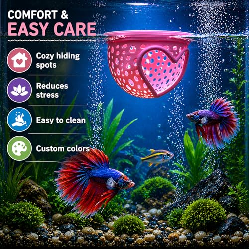 Heart Pink Floating Betta Tunnel with Strong Suction Cup, Floating Betta Enrichment Toys, Aquarium Betta Hammock, Promote Excercise & Stress Relief, Betta Fish Tank Decor Accessories