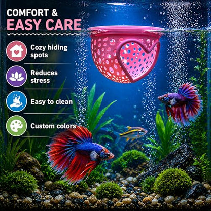 Heart Pink Floating Betta Tunnel with Strong Suction Cup, Floating Betta Enrichment Toys, Aquarium Betta Hammock, Promote Excercise & Stress Relief, Betta Fish Tank Decor Accessories