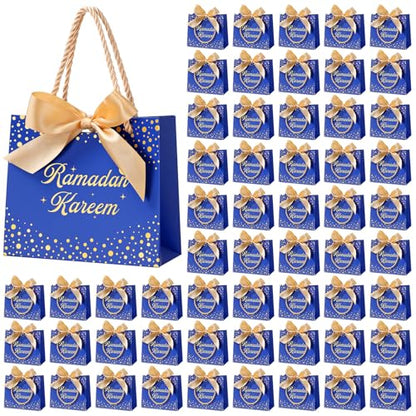 Glenmal 60 Pcs 5.51x2.36x4.72'' Ramadan Gift Bags Ramadan Mubarak Blue Paper Party Bags Eid Mubarak Treat Goodie Bag with Handle and Ribbon for Ramadans Kareem Eid Mubarak's Party Supplies - color: Blue, size: 1 count (Pack of 60)